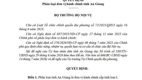 An Giang được phân loại là đơn vị hành chính cấp tỉnh loại I