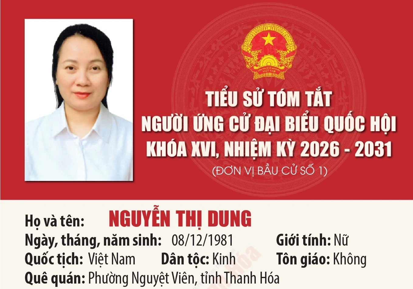 [Infographics] Tiểu sử ứng cử viên Đại biểu Quốc hội khóa XVI Nguyễn Thị Dung