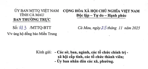 Ban Thường trực Ủy ban MTTQ Việt Nam tỉnh Cà Mau phát động vận động ủng hộ, hỗ trợ đồng bào miền Trung bị thiệt hại do thiên tai gây ra