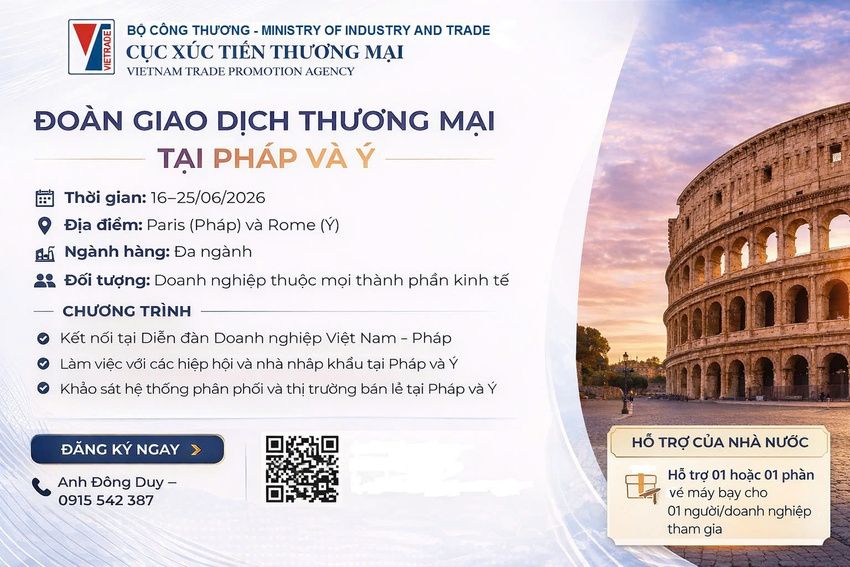 Cục Xúc tiến thương mại thực hiện Đoàn giao dịch thương mại tại thị trường Pháp và Ý từ ngày 16 -25/6/2026