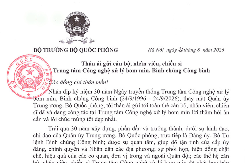 Đại tướng Phan Văn Giang gửi thư chúc mừng 30 năm Ngày truyền thống Trung tâm Công nghệ xử lý bom mìn