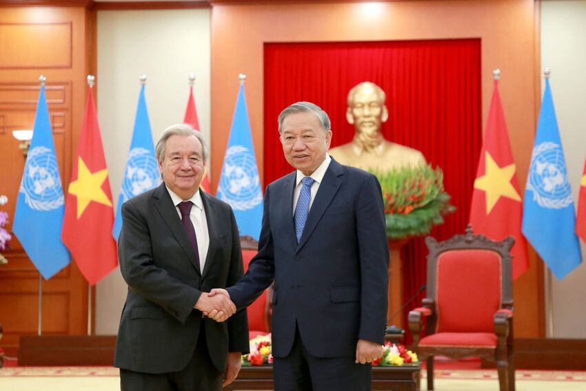 Ảnh: Tổng Bí thư Tô Lâm tiếp Tổng Thư ký Liên hợp quốc António Guterres