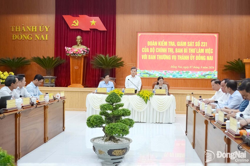 Đồng chí Trưởng Ban Nội chính Trung ương, Trưởng Đoàn kiểm tra, giám sát số 231 của Bộ Chính trị, Ban Bí thư làm việc với Ban Thường vụ Thành ủy Đồng Nai