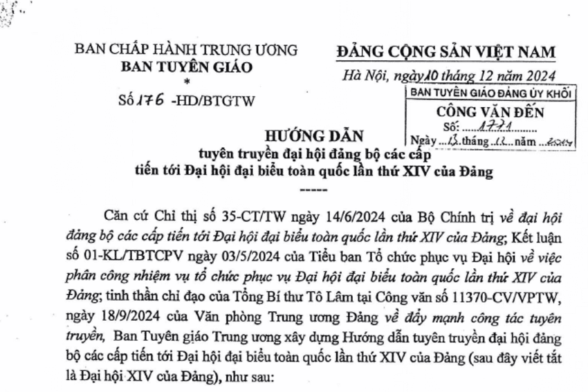Hướng dẫn số 176-HD/BTGTW ngày 17/12/2024 của Ban Tuyên giáo Trung ương về hướng dẫn tuyên truyền đại hội đảng bộ các cấp tiến tới Đại hội đại biểu toàn quốc lần thứ XIV của Đảng