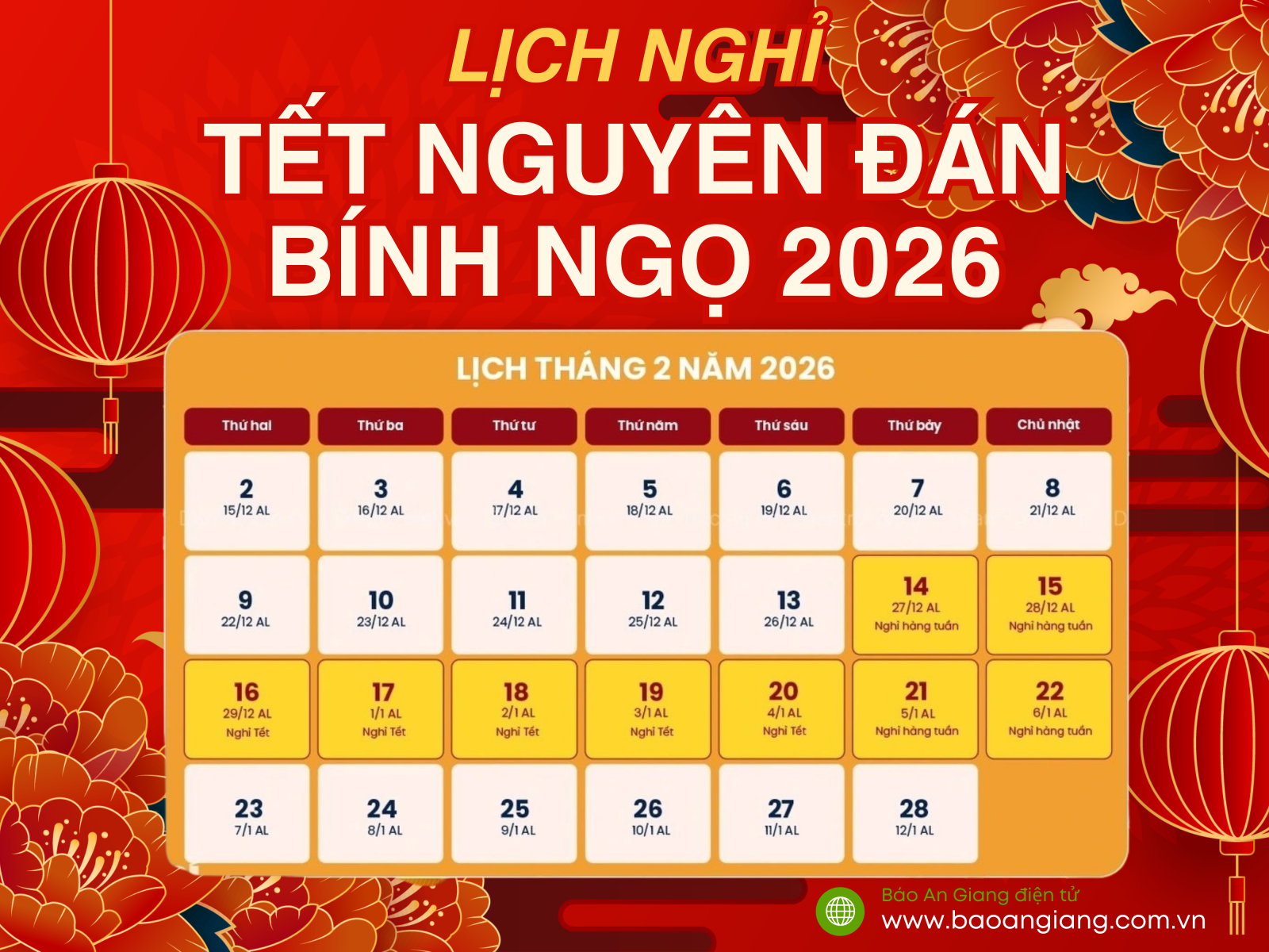 Được nghỉ 5 ngày dịp Tết Nguyên đán Bính Ngọ 2026