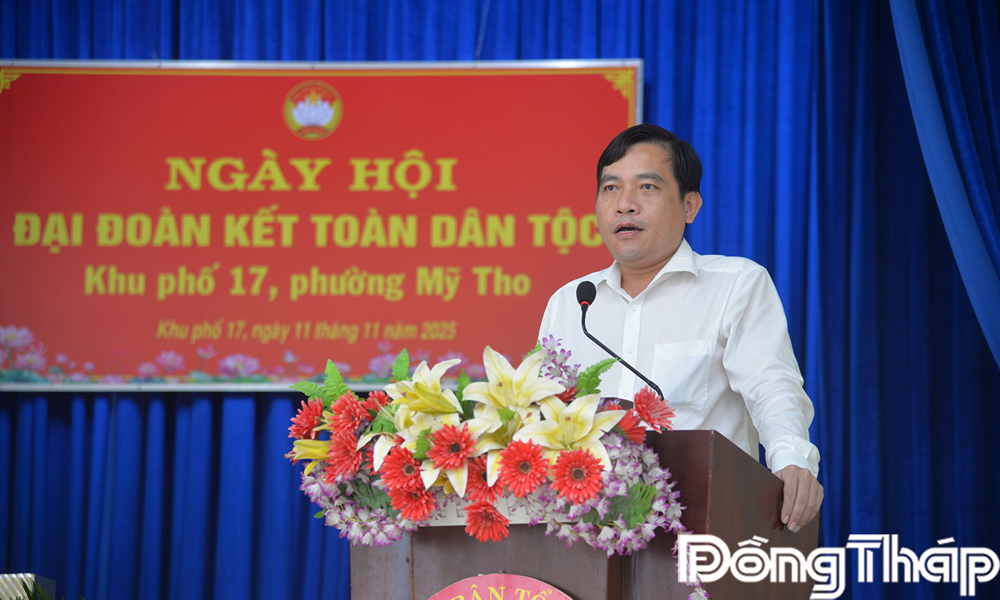 Đồng chí Ngô Huỳnh Quang Thái Tỉnh ủy viên - Bí Thư Đảng ủy phường Mỹ Tho phát biểu