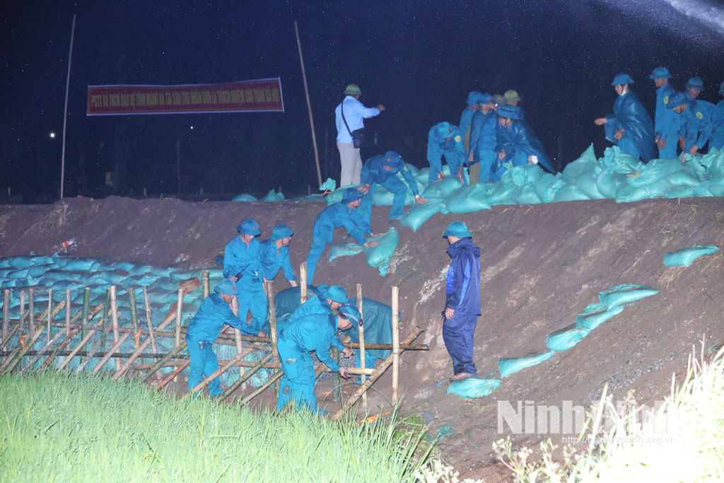 Các lực lượng chức năng xã Yên Cường diễn tập xử lý tình huống giờ đầu phòng, chống thẩm thấu qua đê.