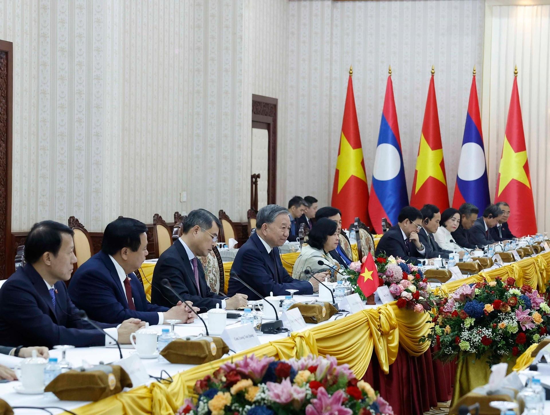 Tổng Bí thư Tô Lâm phát biểu tại cuộc hội kiến Thủ tướng Lào Sonexay Siphandone. (Ảnh: Thống Nhất/TTXVN) tbthk.jpg