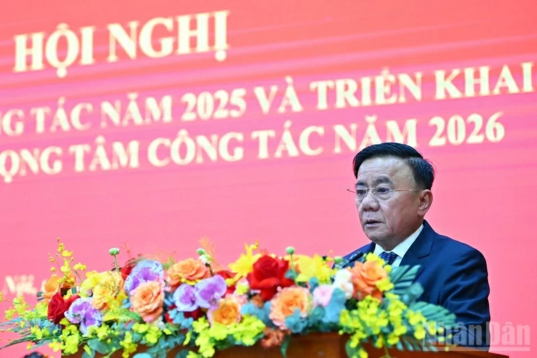S&aacute;ng 12/1, tại H&agrave; Nội, Đảng bộ Mặt trận Tổ quốc, c&aacute;c đo&agrave;n thể Trung ương tổ chức Hội nghị tổng kết c&ocirc;ng t&aacute;c năm 2025 v&agrave; triển khai nhiệm vụ trọng t&acirc;m c&ocirc;ng t&aacute;c năm 2026. (Nguồn: B&aacute;o Nh&acirc;n d&acirc;n)