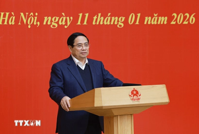 Đồng ch&iacute; Phạm Minh Ch&iacute;nh, B&iacute; thư Đảng ủy, Thủ tướng Ch&iacute;nh phủ ph&aacute;t biểu khai mạc Hội nghị tổng kết c&ocirc;ng t&aacute;c năm 2025, triển khai phương hướng, nhiệm vụ năm 2026. (Nguồn: TTXVN)