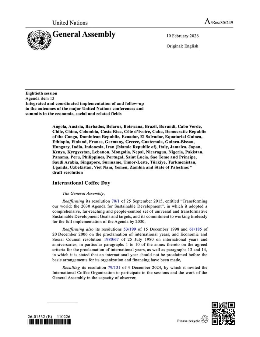 Đại hội đồng Liên hợp quốc thông qua Nghị quyết về Ngày quốc tế Cà phê Đại hội đồng Liên hợp quốc thông qua Nghị quyết về Ngày quốc tế Cà phê