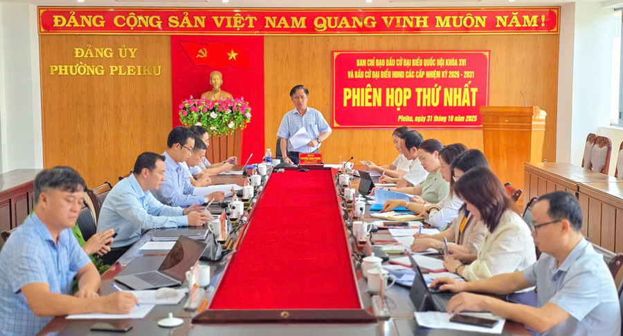 Ban Chỉ đạo bầu cử ĐBQH khóa XVI và bầu cử đại biểu HĐND các cấp nhiệm kỳ 2026-2031 phường Pleiku triển khai công tác bầu cử. Ảnh: Bá Bính