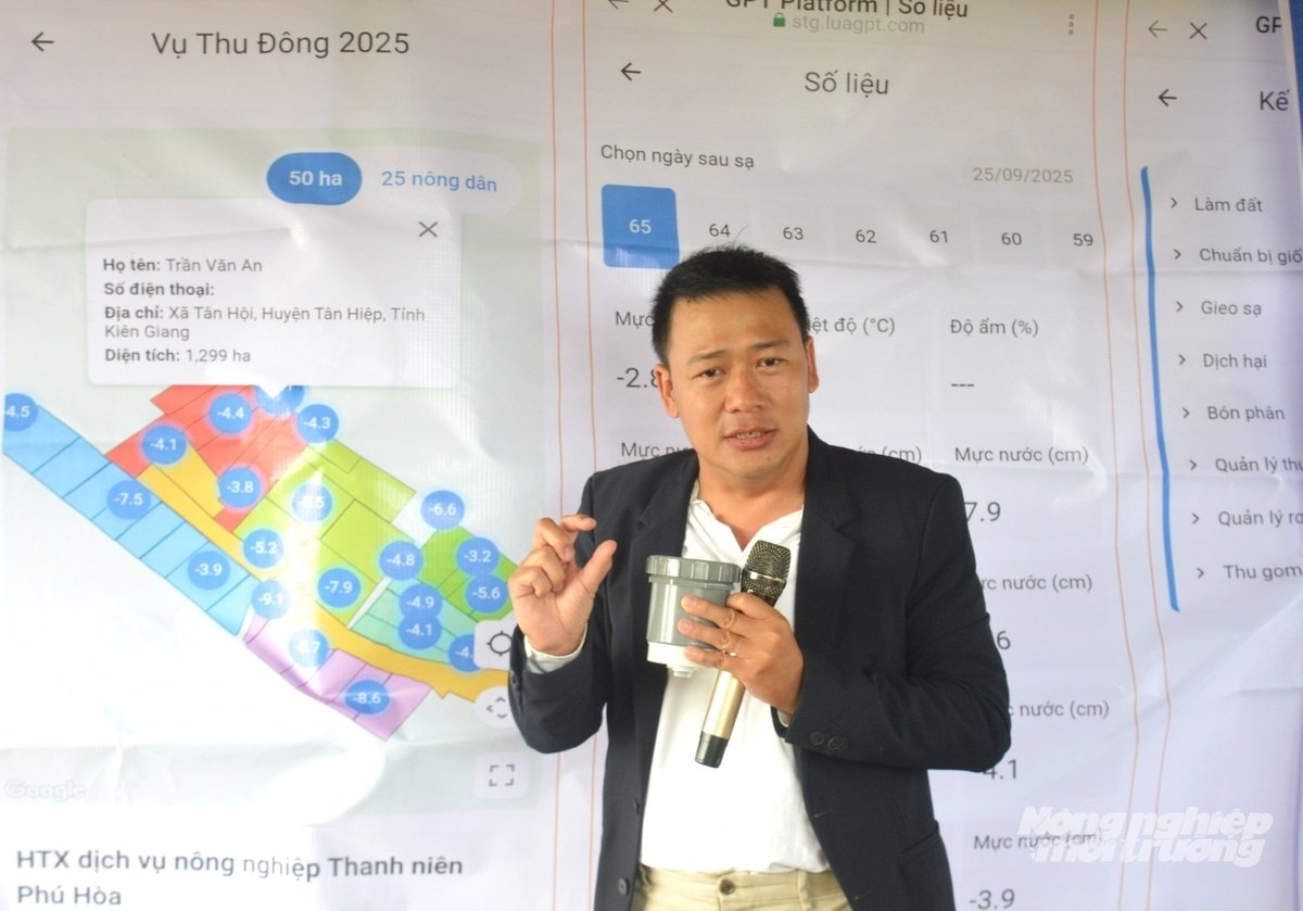 Đại diện Công ty TNHH LUAGPT thuyết trình về hệ thống thiết bị thông minh AWD giúp tiết kiệm nước, giảm khí thải nhà kính, được áp dụng trong mô hình thí điểm Đề án 1 triệu ha lúa chất lượng cao, phát thải thấp. Ảnh: Trung Chánh. Đại diện Công ty TNHH LUAGPT thuyết trình về hệ thống thiết bị thông minh AWD giúp tiết kiệm nước, giảm khí thải nhà kính, được áp dụng trong mô hình thí điểm Đề án 1 triệu ha lúa chất lượng cao, phát thải thấp. Ảnh: Trung Chánh.