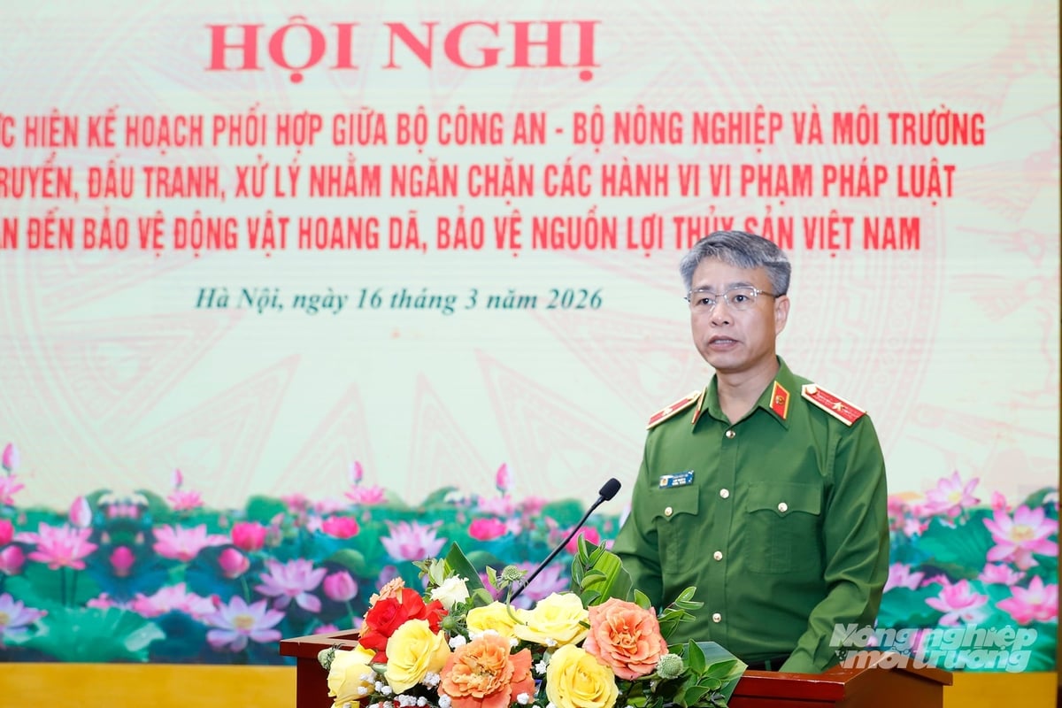 Thiếu tướng Thân Văn Hải, Cục trưởng Cục Cảnh sát phòng, chống tội phạm về môi trường phát biểu tại Hội nghị. Ảnh: Khương Trung. Thiếu tướng Thân Văn Hải, Cục trưởng Cục Cảnh sát phòng, chống tội phạm về môi trường phát biểu tại Hội nghị. Ảnh: Khương Trung.