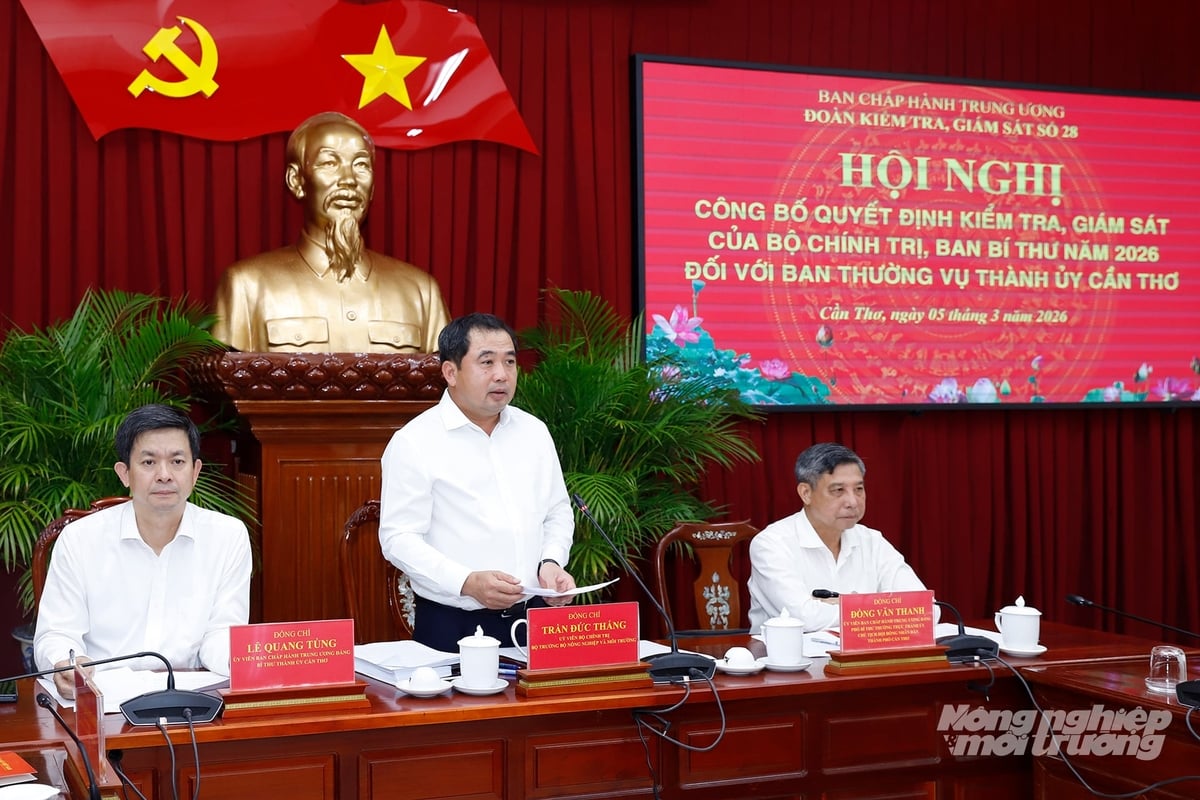Uỷ viên Bộ Chính trị, Bộ trưởng Bộ Nông nghiệp và Môi trường Trần Đức Thắng chủ trì Hội nghị triển khai Quyết định và Kế hoạch kiểm tra, giám sát của Bộ Chính trị, Ban Bí thư năm 2026 đối với Ban Thường vụ Thành ủy Cần Thơ. Ảnh: Khương Trung. Uỷ viên Bộ Chính trị, Bộ trưởng Bộ Nông nghiệp và Môi trường Trần Đức Thắng chủ trì Hội nghị triển khai Quyết định và Kế hoạch kiểm tra, giám sát của Bộ Chính trị, Ban Bí thư năm 2026 đối với Ban Thường vụ Thành ủy Cần Thơ. Ảnh: Khương Trung.