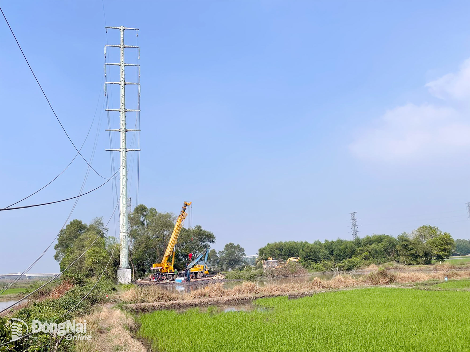 C&ocirc;ng tr&igrave;nh Nh&aacute;nh rẽ đấu nối Trạm biến &aacute;p (TBA) 110kV C&ocirc;ng nghệ cao c&oacute; địa h&igrave;nh thi c&ocirc;ng chủ yếu đồng ruộng, đầm lầy. Ảnh: ĐVCC