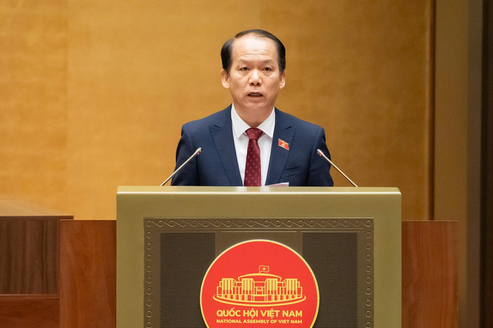 Chủ nhiệm Ủy ban Pháp luật và Tư pháp Hoàng Thanh Tùng trình bày báo cáo thẩm tra dự án Luật Tòa án chuyên biệt tại Trung tâm tài chính quốc tế