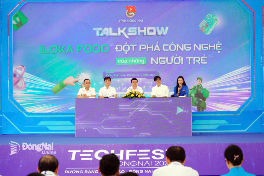 Nhóm Gen Z sáng lập và điều hành ứng dụng iLoka Food chia sẻ về hành trình khởi nghiệp của mình tại Talkshow iLoka Food - Đột phá công nghệ của những người trẻ do Tỉnh đoàn Đồng Nai tổ chức ngày 8-10-2025. Ảnh: Tư liệu