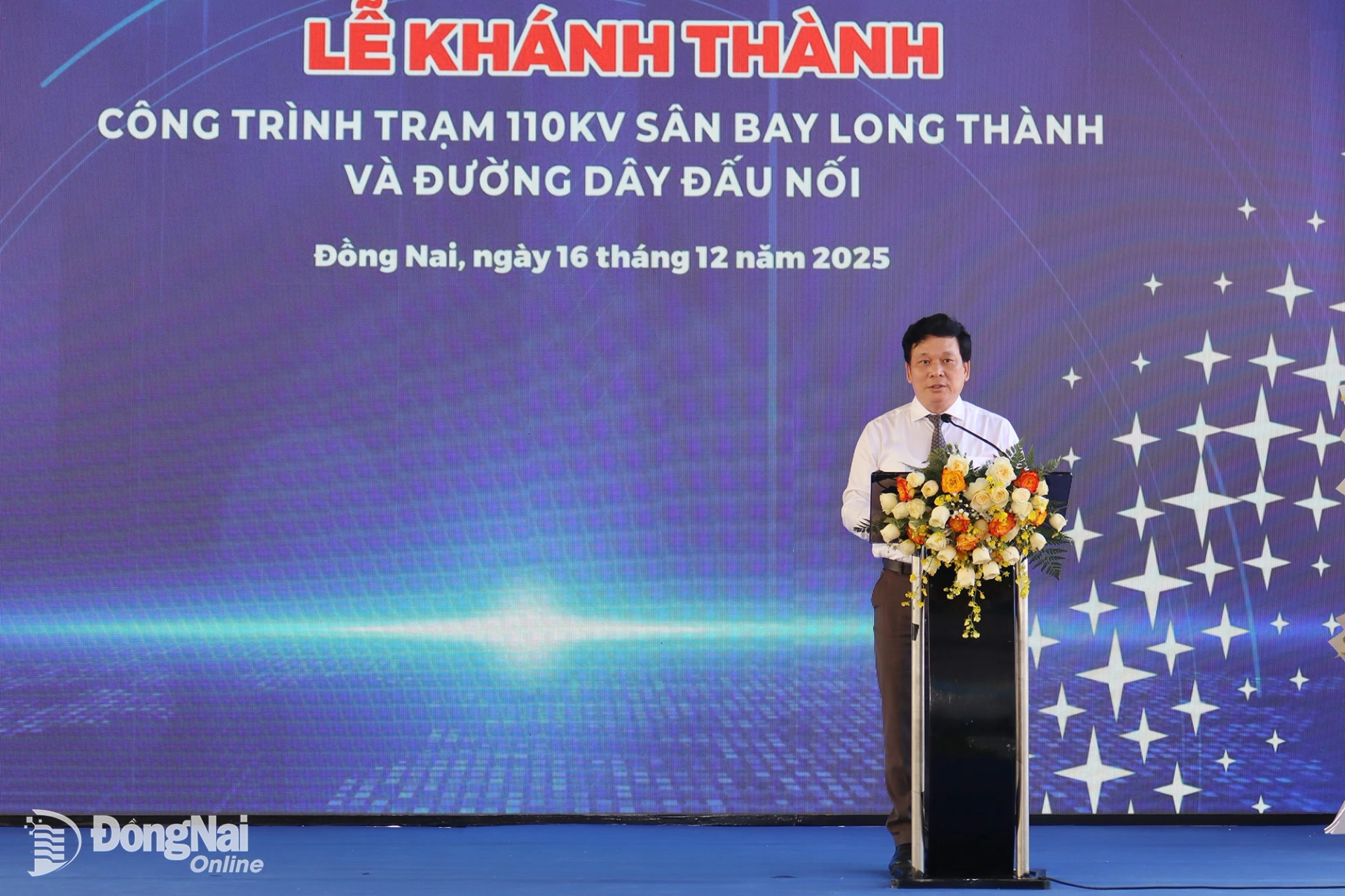 Tỉnh ủy viên, Giám đốc Sở Công Thương tỉnh Đồng Nai Vũ Ngọc Long thay mặt UBND tỉnh phát biểu nhân lễ khánh thành công trình. Ảnh: Hoàng Lộc