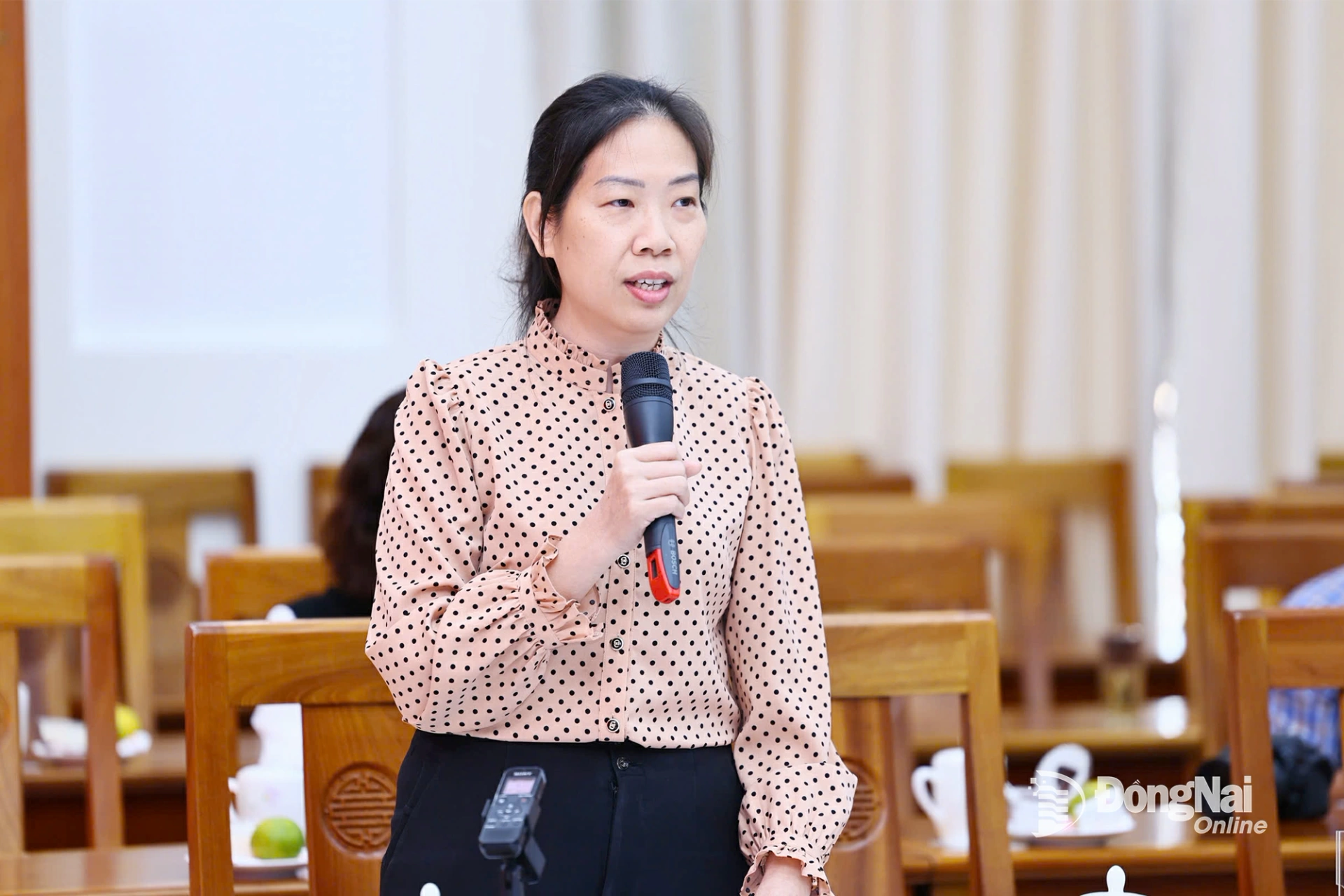 Tỉnh ủy viên, Phó Trưởng ban Tổ chức Tỉnh ủy Đồng Nai Bùi Thị Yến phát biểu tại buổi họp báo. Ảnh: Công Nghĩa