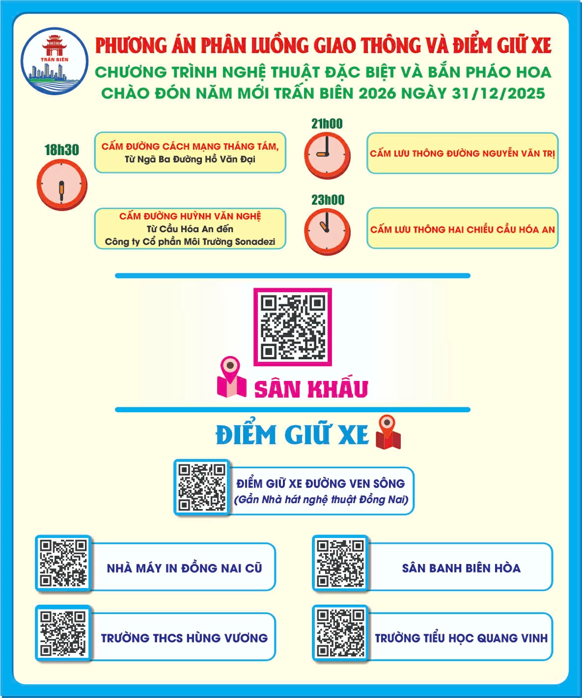 Sơ đồ phân luồng giao thông đính kèm mã QR các điểm giữ xe phục vụ người dân đến thưởng thức Chương trình Nghệ thuật đặc biệt và bắn pháo hoa tại phường Trấn Biên. Ảnh: Thùy Anh