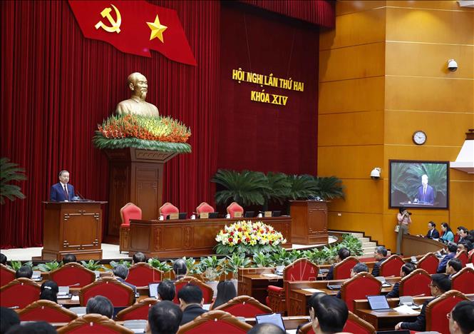Tổng Bí thư Tô Lâm phát biểu bế mạc Hội nghị lần thứ hai Ban Chấp hành Trung ương Đảng khoá XIV. Ảnh: Thống Nhất/TTXVN