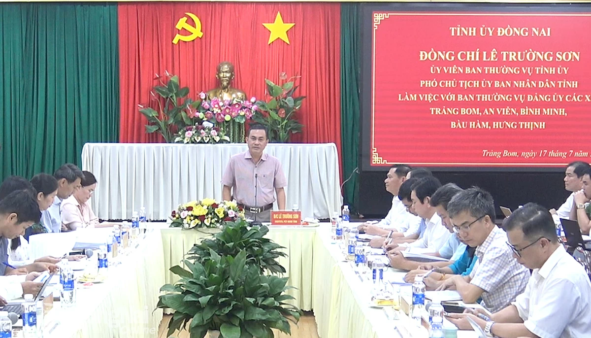 Ủy viên Ban Thường vụ Tỉnh ủy, Phó chủ tịch UBND tỉnh Lê Trường Sơn phát biểu tại buổi làm việc. Ảnh: Quốc Vinh  