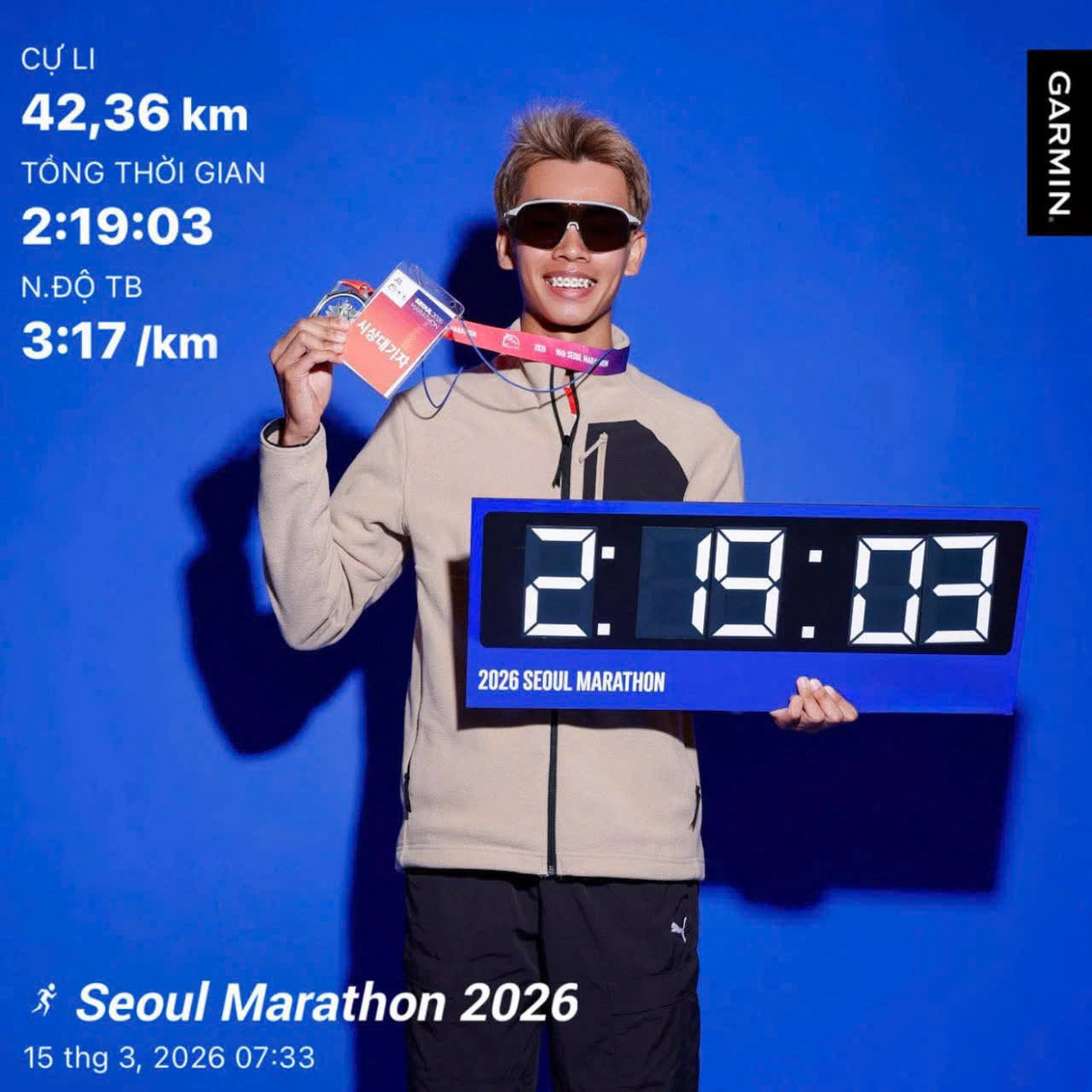 Huỳnh Anh Khôi có sự tiến bộ thần tốc khi tiến sát kỷ lục Nguyên Thanh tại Giải Seoul Marathon 2026. Ảnh: Seoul Marathon 2026