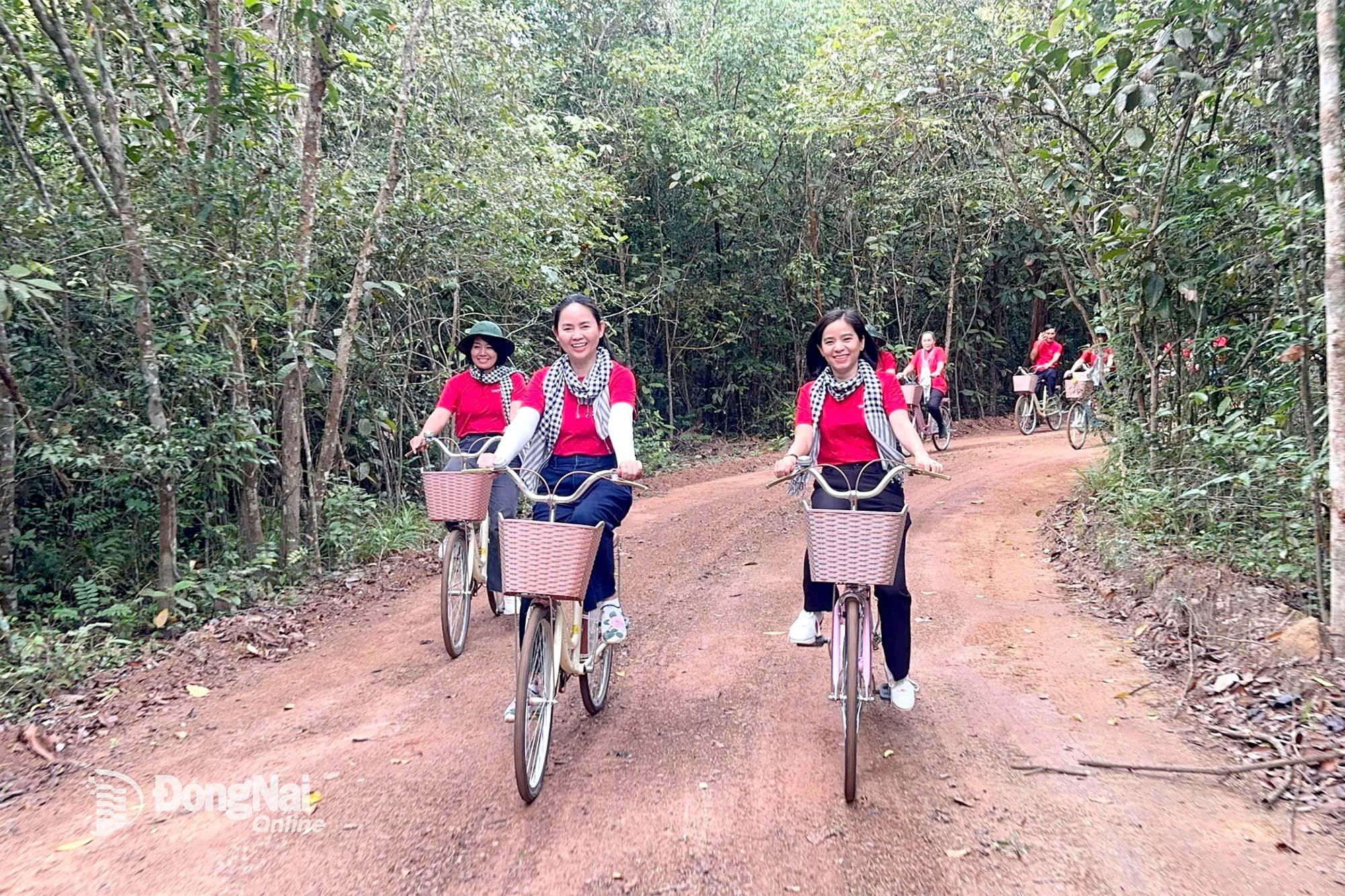 Du kh&aacute;ch đạp xe xuy&ecirc;n rừng tham quan Căn cứ T&agrave; Thiết. Ảnh: Ngọc Li&ecirc;n