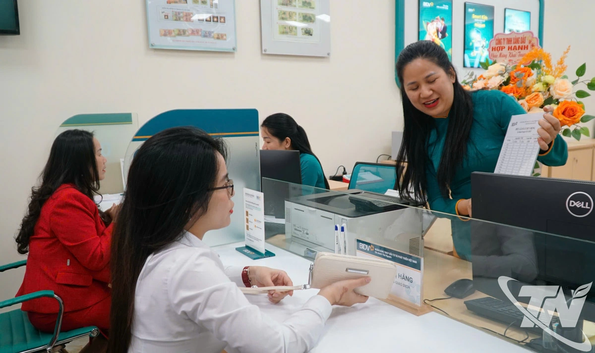 Cán bộ Phòng giao dịch BIDV Định Hoá giới thiệu với khách hàng các gói tín dụng ưu đãi nhân dịp khai trương.