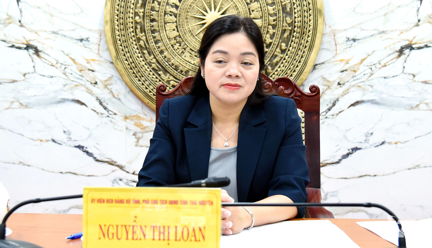 Đồng chí Nguyễn Thị Loan, Phó Chủ tịch UBND tỉnh dự tại điểm cầu trực tuyến tỉnh Thái Nguyên.