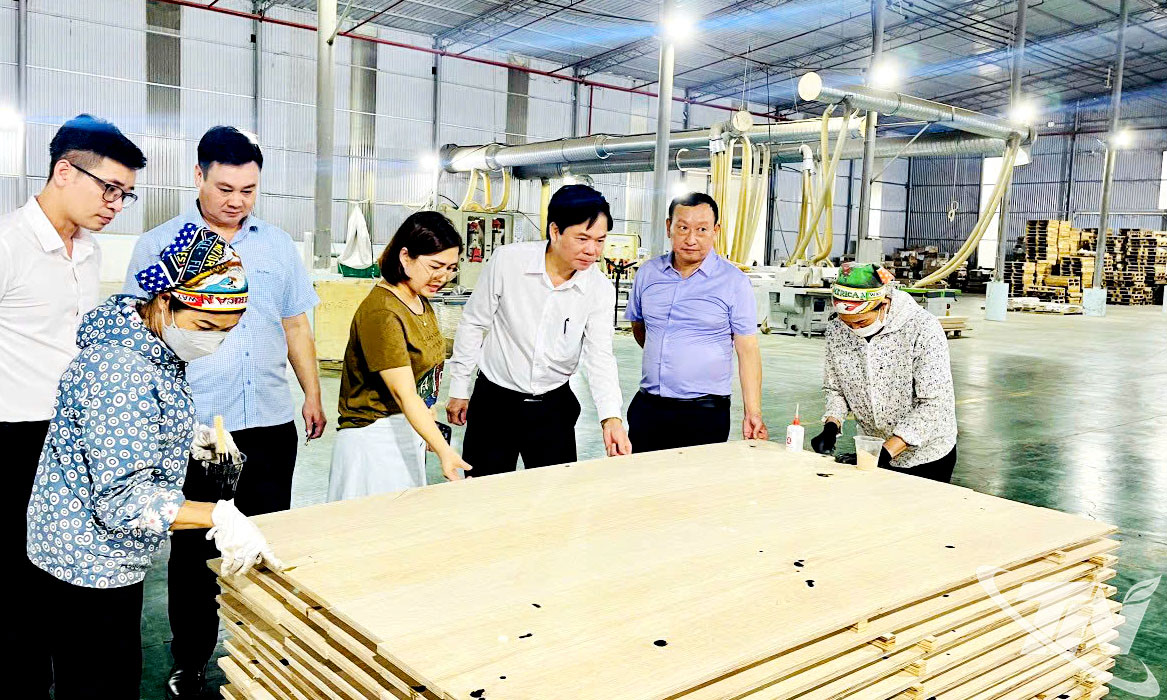Đối tác kiểm tra chất lượng sản phẩm gỗ ván sàn của Công ty TNHH Lechenwood Việt Nam (Khu công nghiệp Thanh Bình) trước khi xuất khẩu.