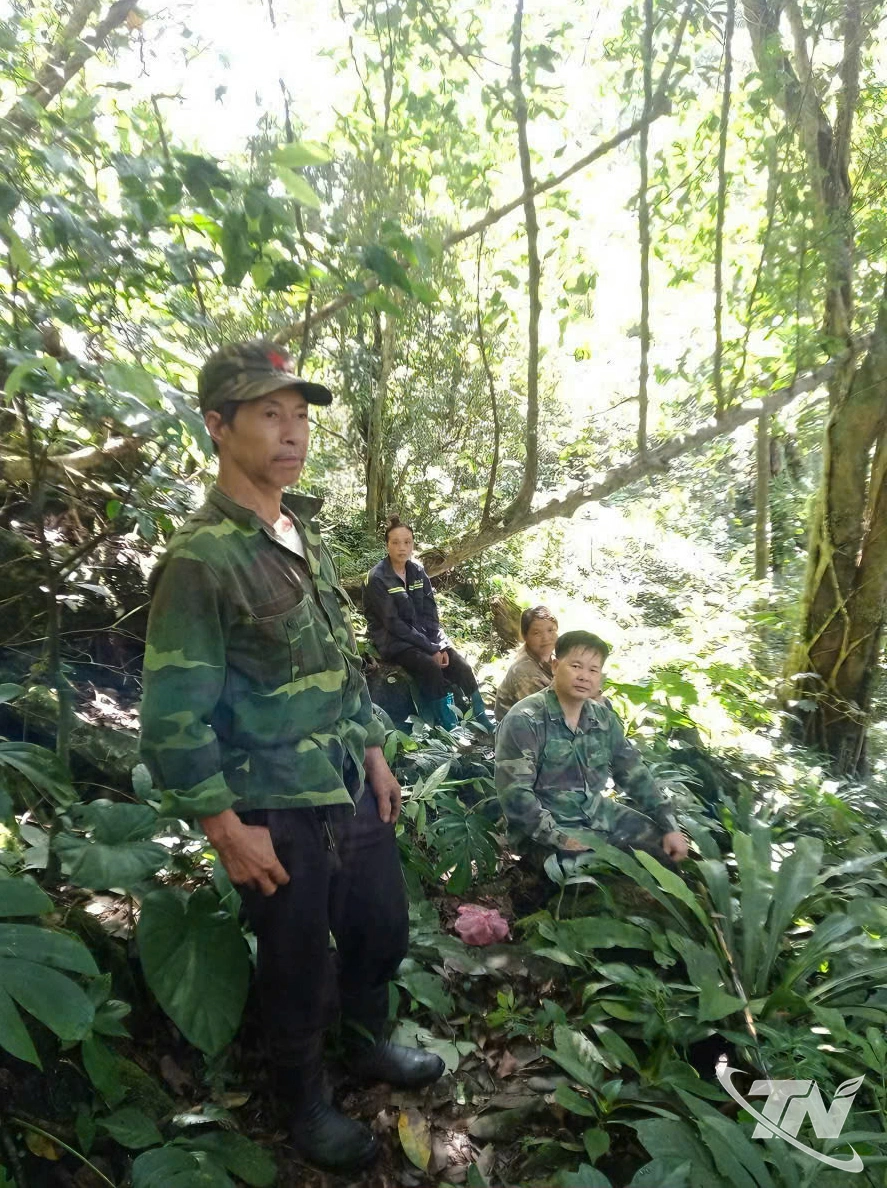 Tổ tuần tra rừng cộng đồng thôn Phja Khao trong một buổi tuần tra, kiểm tra diện tích rừng được giao khoán.