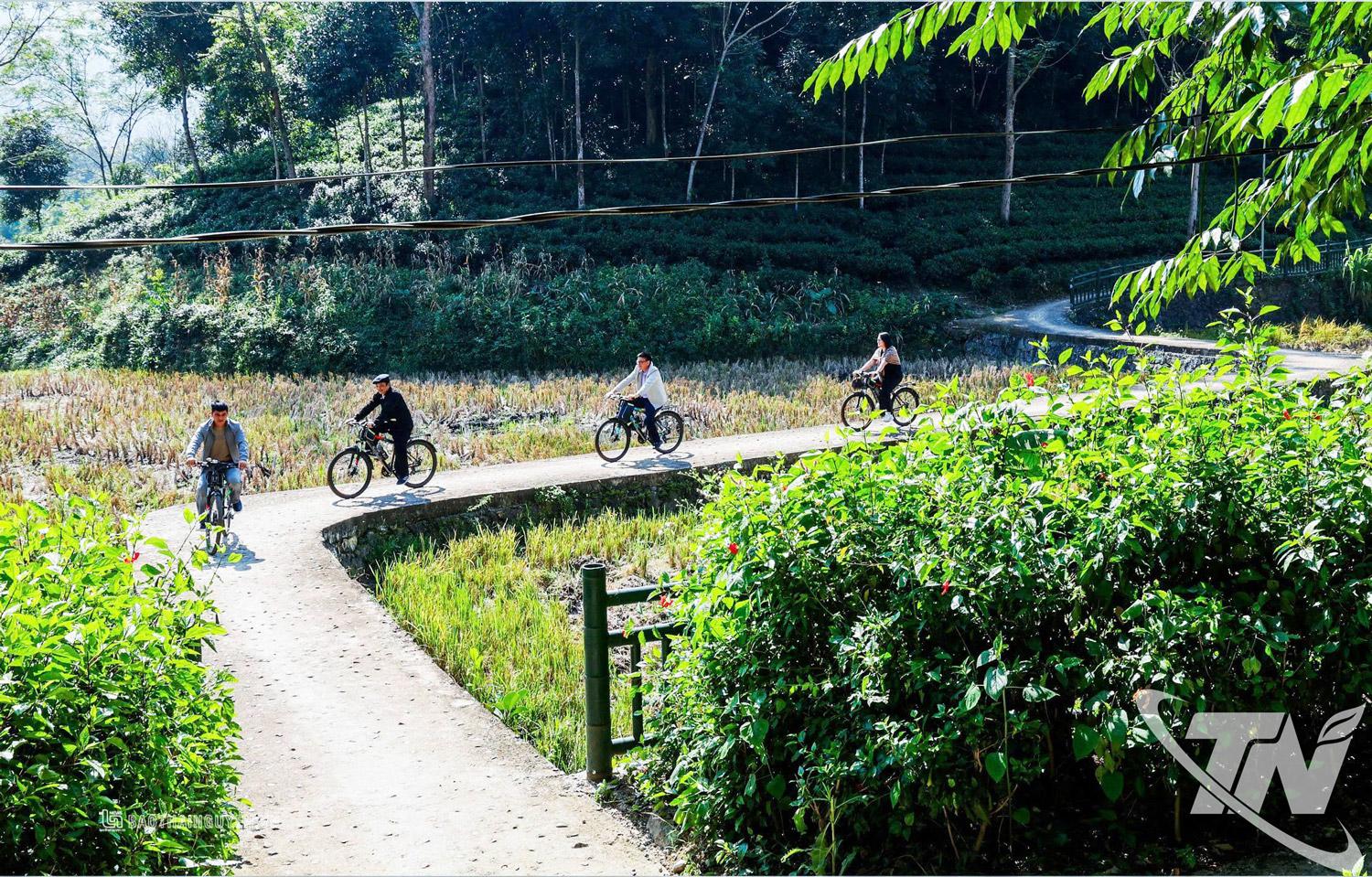 Du khách trải nghiệm đạp xe trong tour du lịch tại ATK Định Hóa.