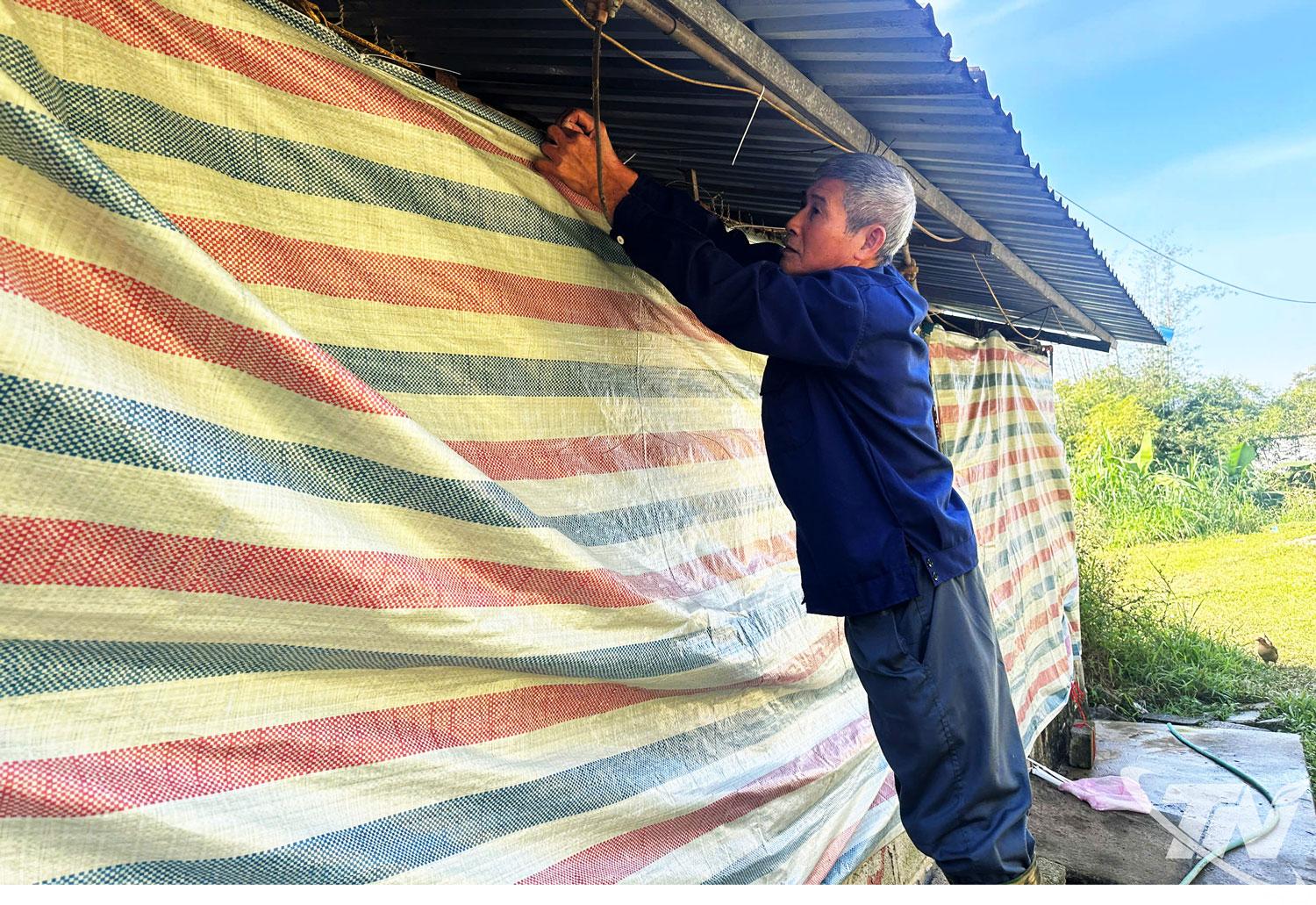 Hộ chăn nu&ocirc;i ở x&atilde; T&acirc;n Cương tiến h&agrave;nh che chắn chuồng trại để chống r&eacute;t cho đ&agrave;n vật nu&ocirc;i.