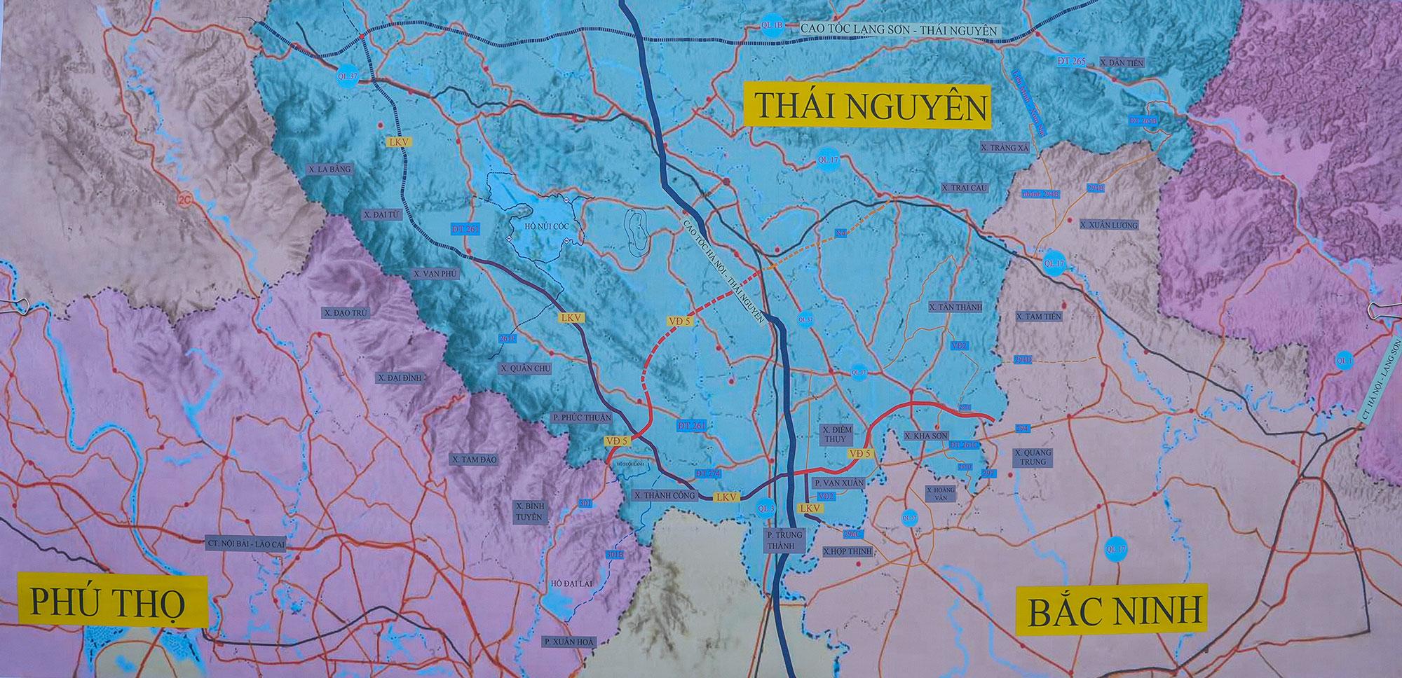 Bản đồ kết nối giao thông ba tỉnh: Thái Nguyên - Bắc Ninh - Phú Thọ.