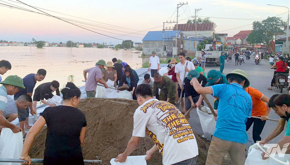Nhân dân địa phương và lực lượng chức năng thực hiện các biện pháp gia cố để bảo vệ khu vực đê Giã Thù 4