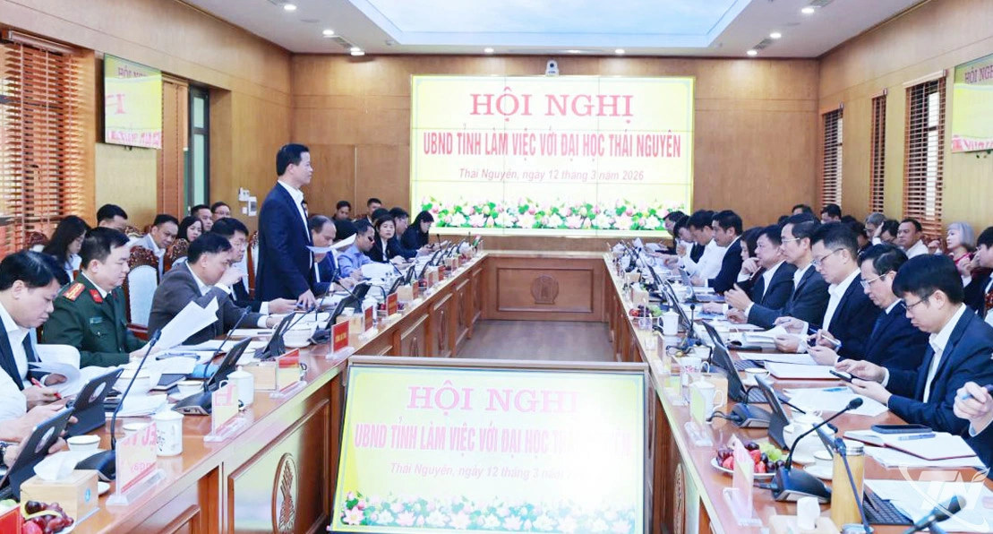 Đồng chí Chủ tịch UBND tỉnh Vương Quốc Tuấn chủ trì Hội nghị làm việc giữa UBND tỉnh với Đại học   Thái Nguyên nhằm trao đổi những định hướng lớn trong phát triển kinh tế - xã hội của tỉnh gắn với   chiến lược phát triển của Đại học Thái Nguyên trong thời gian tới (ngày 12/3/2026).                Ảnh: T.L