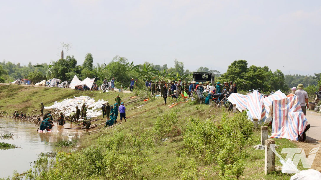 Các lực lượng gia cố đê Giã Thù 4 (tuyến đê Hà Châu).