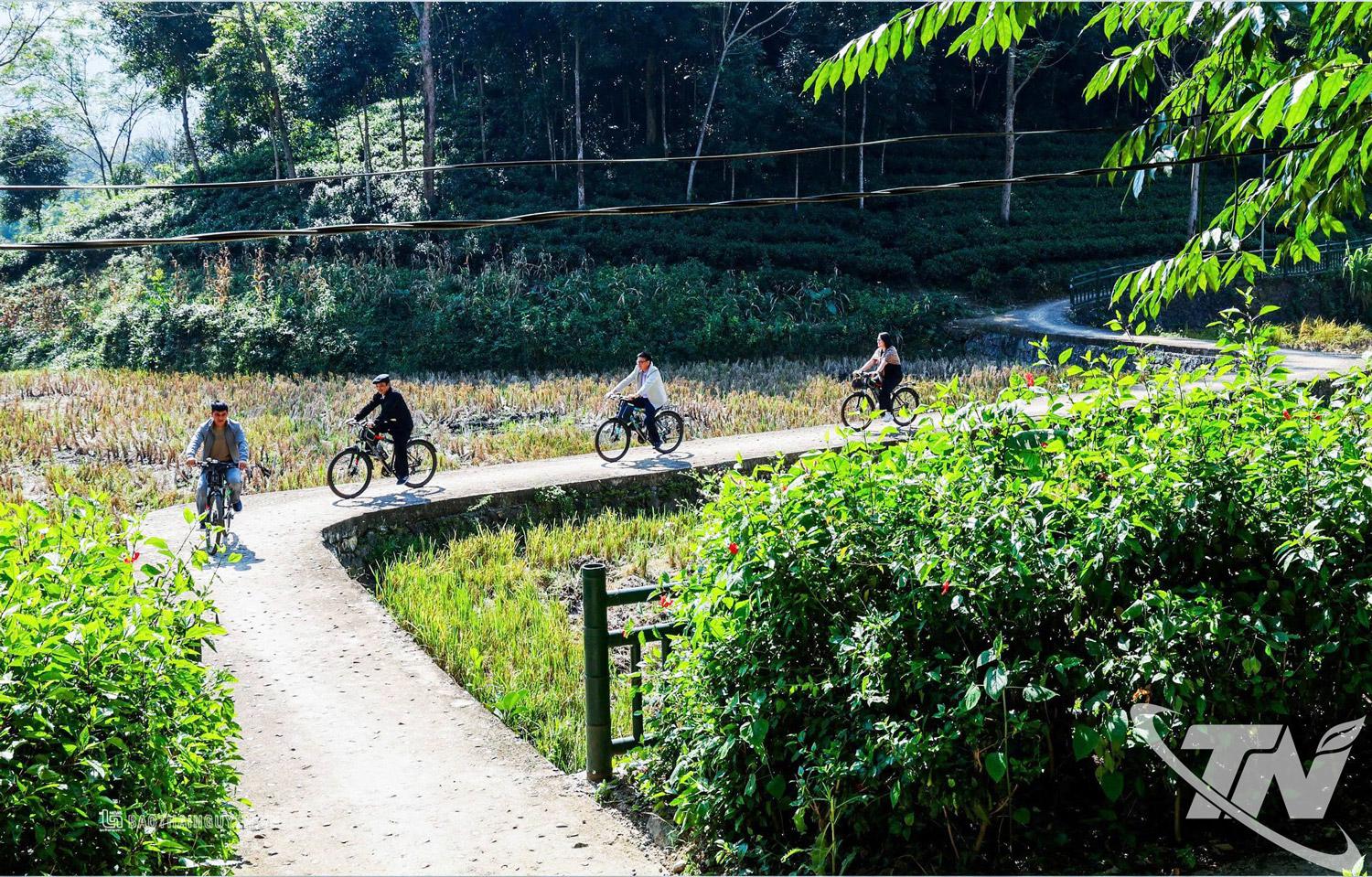 Du khách trải nghiệm đạp xe trong tour du lịch tại ATK Định Hóa.  