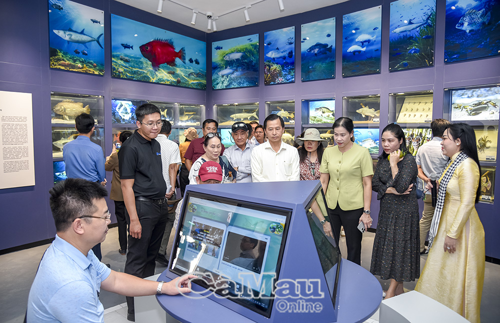 Lãnh đạo tỉnh và phường khảo sát hoạt động tại Bảo tàng số của tỉnh tại phường Bạc Liêu, đồng thời phường cũng đề xuất những định hướng về phát triển kết hợp việc phát triển nền tảng số kết hợp trải nghiệm du lịch. Ảnh: H.T