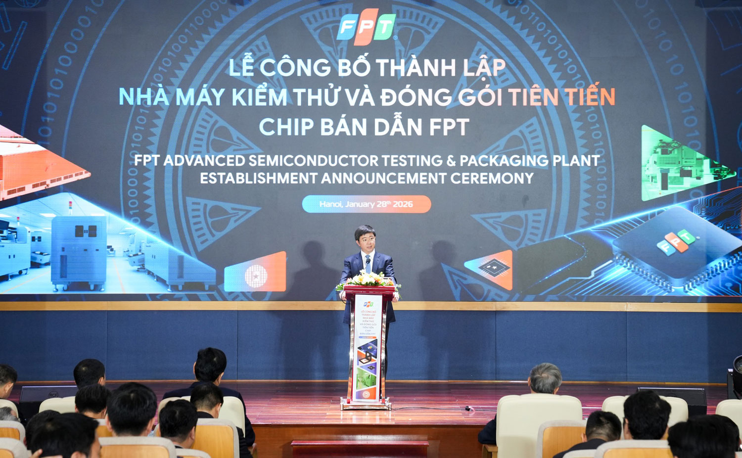 Thứ trưởng Bộ Khoa học và công nghệ phát biểu tại Lễ công bố thành lập Nhà máy kiểm thử và đóng gói tiên tiến chip bán dẫn FPT - Ảnh: VGP