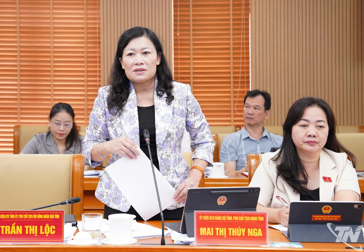 Đồng chí Phó Chủ tịch HĐND tỉnh Mai Thị Thúy Nga phát biểu tại Hội nghị.