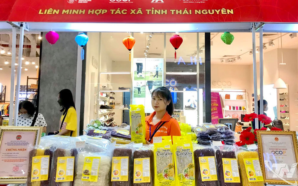 Sản phẩm mỳ, b&uacute;n kh&ocirc; Tiến Diện được trưng b&agrave;y, giới thiệu tại gian h&agrave;ng của Li&ecirc;n minh HTX tỉnh Th&aacute;i Nguy&ecirc;n.