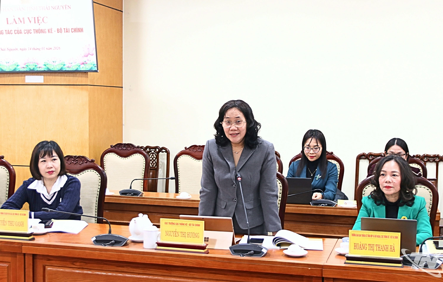 Đồng ch&iacute; Nguyễn Thị Hương, Cục Trưởng Tổng cục Thồng k&ecirc; ph&aacute;t biểu.