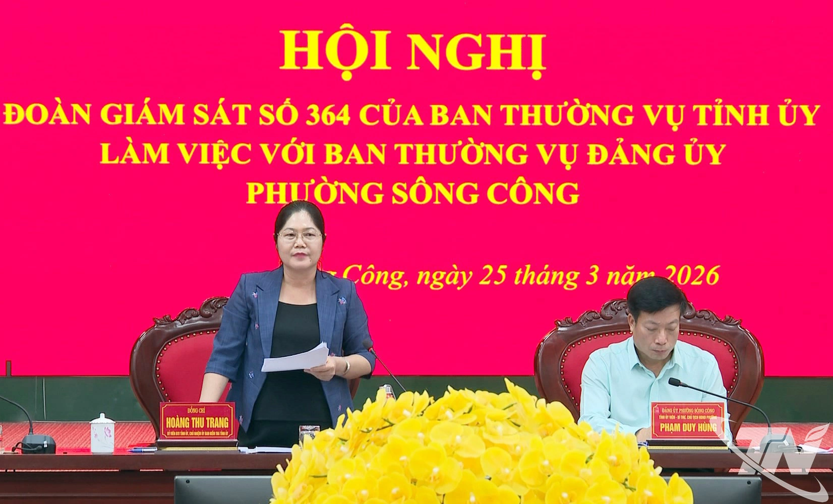 Đồng chí Chủ nhiệm Ủy ban Kiểm tra Tỉnh ủy Hoàng Thu Trang phát biểu tại Hội nghị.