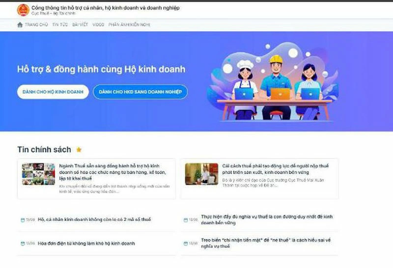 Giao diện Cổng thông tin hỗ trợ cá nhân, hộ kinh doanh, doanh nghiệp được thiết kế tối giản và thân thiện với người nộp thuế.