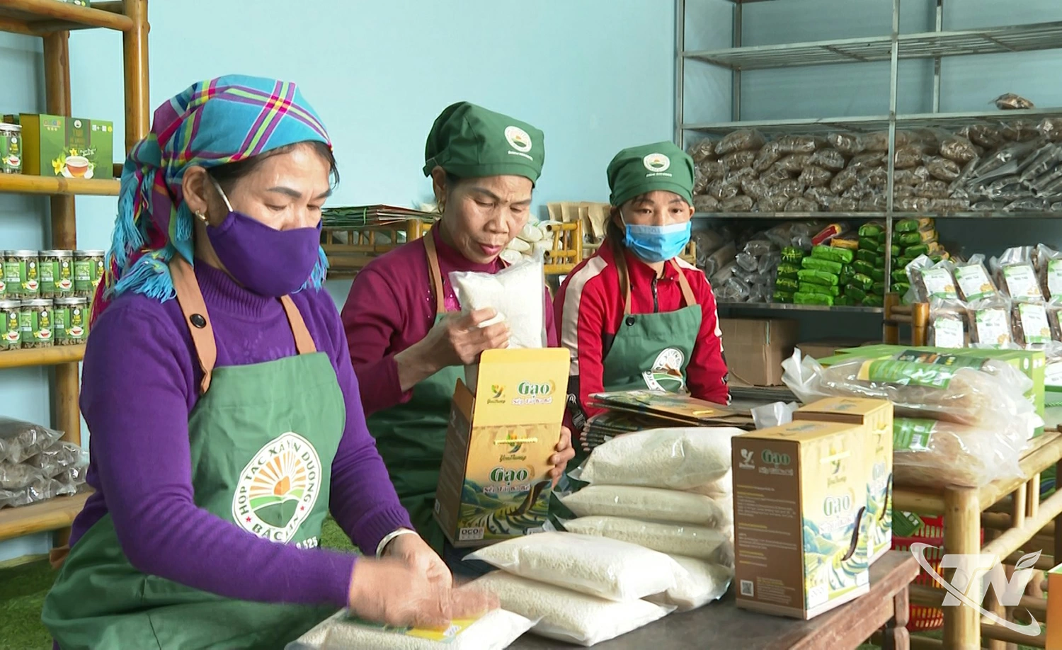 Hợp t&aacute;c x&atilde; Yến Dương,  x&atilde; Thượng Minh  đ&oacute;ng g&oacute;i những s&eacute;t  qu&agrave; tặng Tết. 