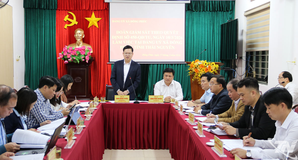 Đồng chí Đinh Quang Tuyên phát biểu tại buổi làm việc ở xã Đồng Phúc.