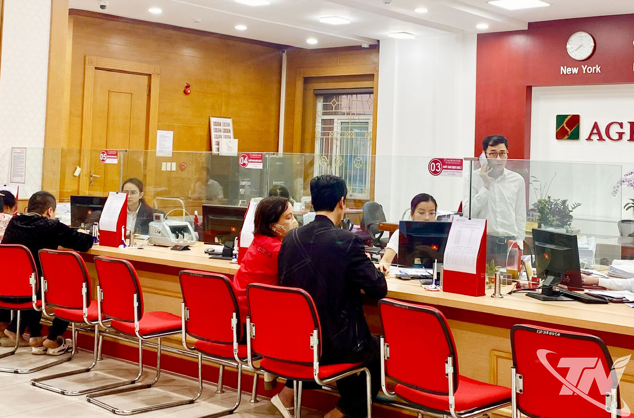 Khách hàng giao dịch tại Agribank Chi nhánh Thái Nguyên trong chiều 24-2.